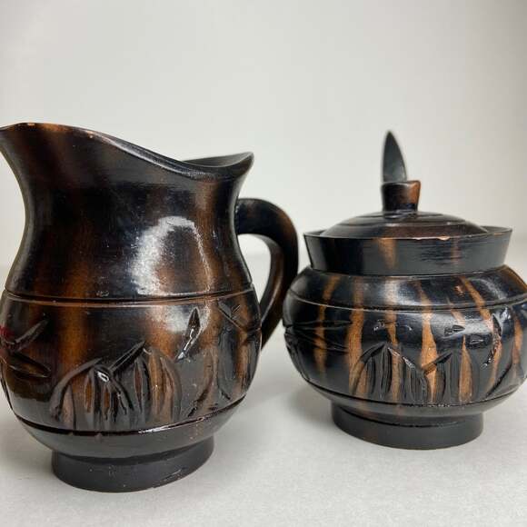 Vintage Wooden Handcarved Cream & Sugar Dishes - Picture 6 of 6